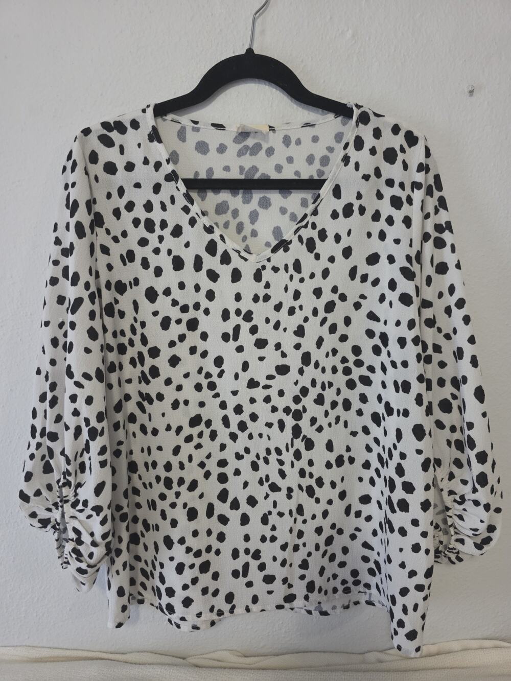 BiBi White & Black Dalmatian Print Chiffon Blouse Top Stylish Bubble Sleeves S